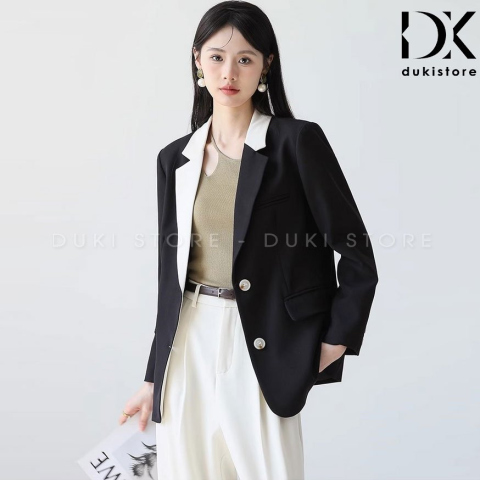 Áo blazer nữ 2 cúc Hàn Quốc màu đen phối ve trắng cao cấp BLU0137