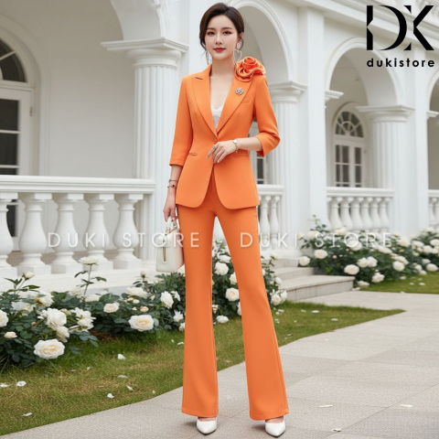  Bộ vest nữ 1 cúc màu cam ống loe cao cấp DKU0128