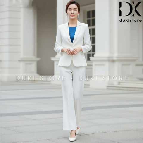 Bộ vest nữ công sở 1 cúc màu trắng ống rộng cao cấp DKU0111